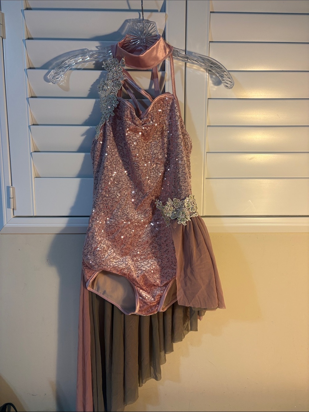 Girls' Rose Gold Sequin Dance Costume with Chiffon Skirt